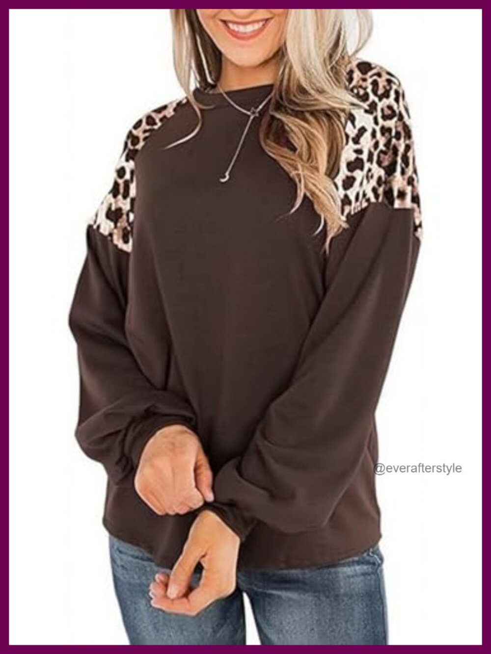 Womens Leopard Print Color Block Long Sleeve Crewneck Tunic Top